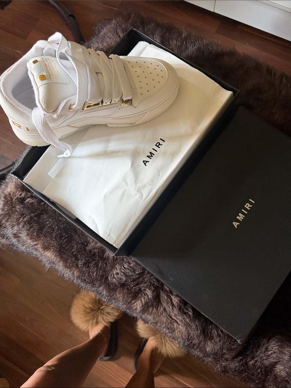 AMIRI White Leather Low-Top Sneakers with Gold Hardware